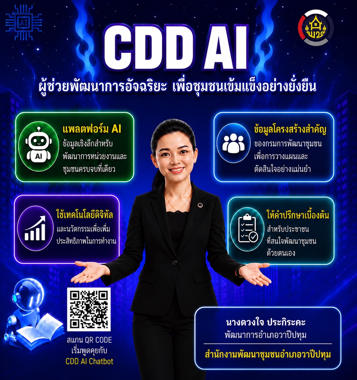   ✨ CDD AI ผู้ช่วยพัฒนากรอัจฉริยะ พัฒนาคน พัฒนางาน ด้วนเทคโนโลยีดิจิทัล เพื่อชุมชนเข้มแข็งอย่างยั่งยืน✨     